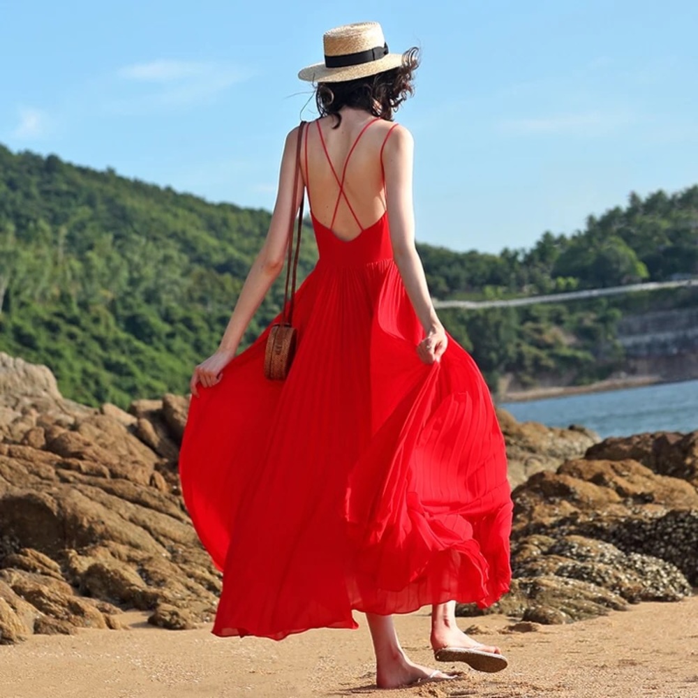 Long red spaghetti dress